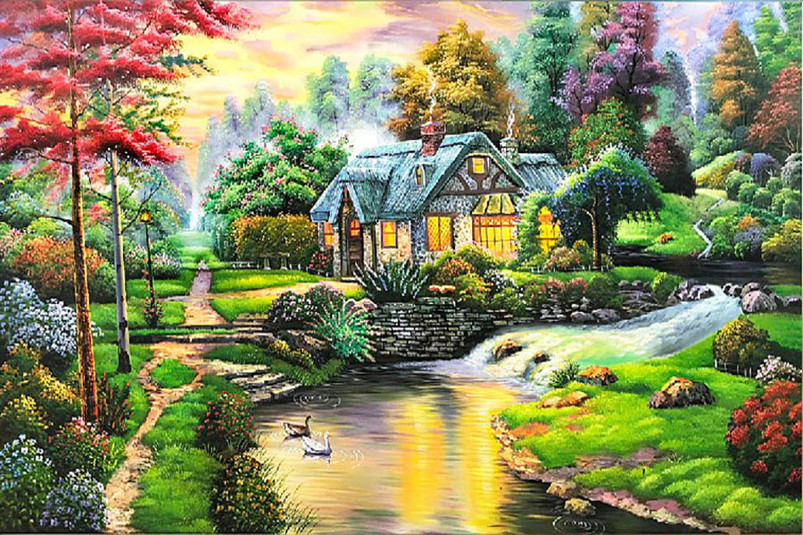 Tranh phong cảnh quê hương ngôi nhà tranh bên sông